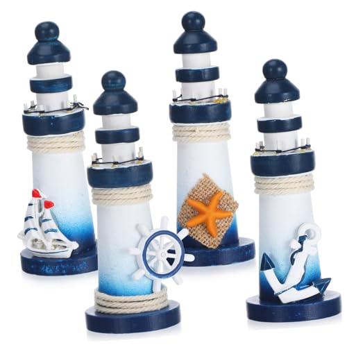 SOLUSTRE Lot De 4 Décorations Phare Miniatures en Bois Style Méditerranéen pour Bureau Et Maison...