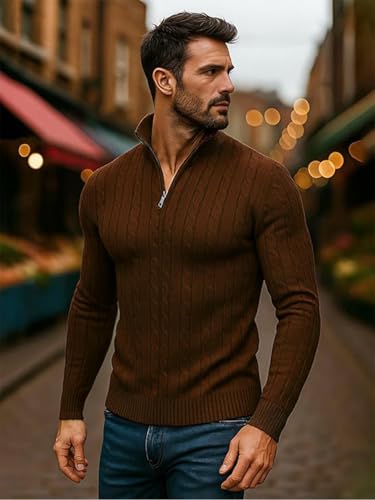 Image of TYSORT Men High Neck Zipper Full Sleeve Cable Knitted Winter Sweater,Cable Knit Sweater for Men