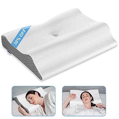 Elviros Cervical Pillow for Neck Pain, 2 in 1 Memory Foam Contour Supports Sleeping Pillows for Side, Stomach, Back, Sleepers, Ergonomic Orthopedic Traction for Shoulder Pain Relief (White)