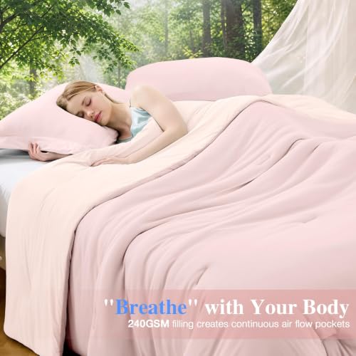 Image of MUXHOMO Cooling Comforter Set Queen Size, Lightweight Summer Comforter for Hot Sleeper, Reversible Bedding with ICY Cooling Surface, Includes 1 Comforter (90 inchx90 inch) and 2 Shams (20 inchx 26 inch), Light Pink