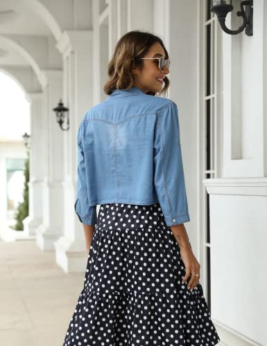 SeekMe Womens Denim Shirts Tie Front Crop Top Button Down Chambray Jean Shirts4