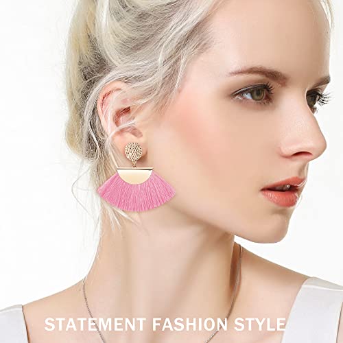 Fasacco Pink Tassel Earrings For Women Clip On D Angle Earring Long Thread Tassel Earrings Handmade Bohemian Statement Tassel Earrings Non Piercing Earrings #TOP1