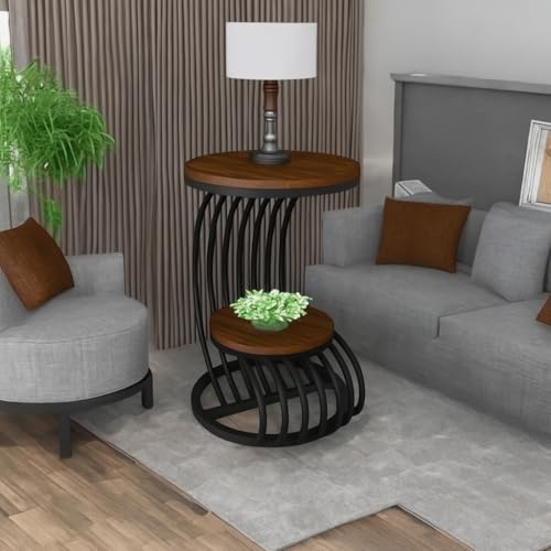 Image of End Table with Decorative Legs, in-Lay Top, Home Decor Accent Furniture -Tier Metal Coffee Table with Open Storage Shelf for Living Room (Black Brown)