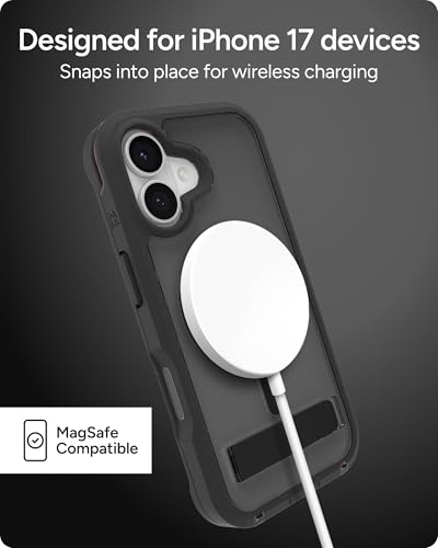 Image of ZAGG Rainier Case with Kickstand for iPhone 17 - Smoke Black, Graphene 22ft (7m) Drop Protection, Lanyard Attach Points, MagSafe, Wireless Charging Compatible, 2-Piece Design, Phone Case