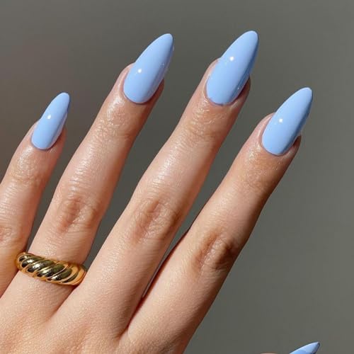 Blue Press on Nails Medium Almond Fake Nails Solid Color False Nails Acrylic Nails Press Ons,Reusable Light Blue Finger Nail for Women Girls Manicure in 24pcs…
