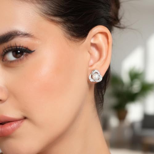 Image of Nilu's Collection Rose Gold Plated Triangular Design Pearl Stud Earrings With American Diamond for Women And Girls | Gift For Her | Anti- Allergy |Anti-Tarnish | Office Wear
