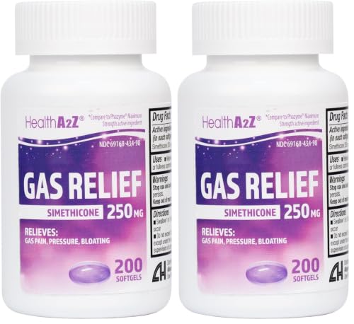 Image of HealthA2Z Gas Relief, Simethicone 250mg, Fast Acting Gas Relief, Bloating, Pressure, Discomfort, 200 Softgels (Pack of 2)