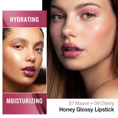Image of Honey Lipstick Tinted Lip Balm - Shine Moisturizing Lipstick for Women, Natural Nourishing Hydrating Lip Gloss Stain for Dry Lips, Tint Sheer Lightweight Makeup, Vegan - 2Pc Mauve & Cherry