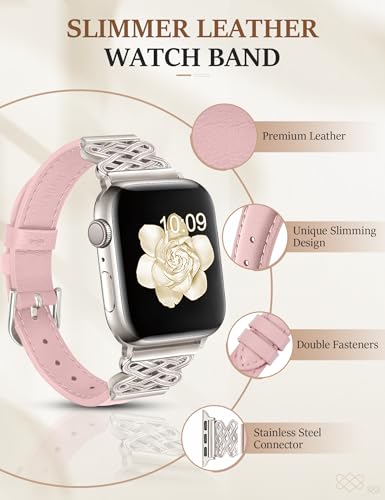 Image of Newlibery Leather Band for Women Slim Dressy Bands Compatible with Apple Watch 38mm 40mm 41mm 42mm 44mm 45mm 49mm, Designer Interlock Buckle Strap for iWatch Series 10 /9 /8 /7 /6 /5 /4 /3 /2 /1 /SE /Ultra