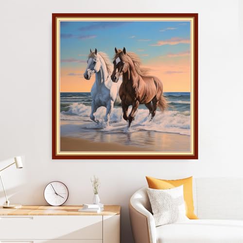 Image of Disxvivy Cross Stitch Stamped Full Embroidery Kits DIY 11CT Cotton Thread Printed DIY Needlepoint Kits Craft Needlework Set Cross-Stitch Stamped Sets-Beach Steed 18x18 inch