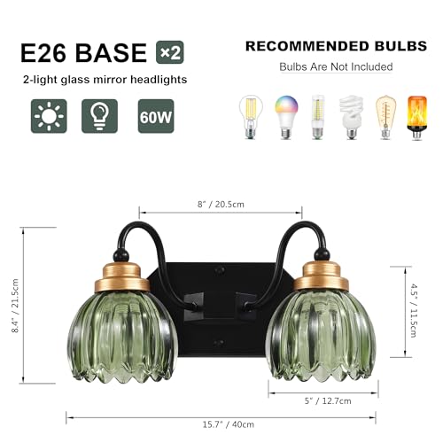Image of Vintage Gold Bathroom Light Fixtures, 2 Light Green Tulip Crystal | Brushed Gold Vanity Lights, Matte Antique Brass Finish, Mid Century Style, Wall Sconces for Bedroom, Hallway, Easy to Install