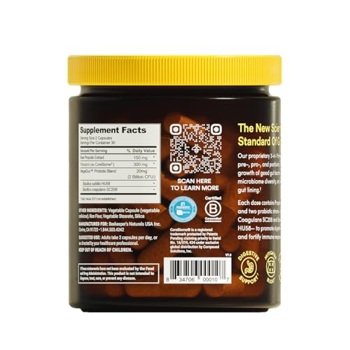 Beekeeper's Naturals Complete Gut Health, 3-in-1 Prebiotic, Postbiotic, Probiotics for Digestive Health & Bloating Relief for Women & Men, Propolis Powered, Gluten-Free Vegan Capsules, 60ct
