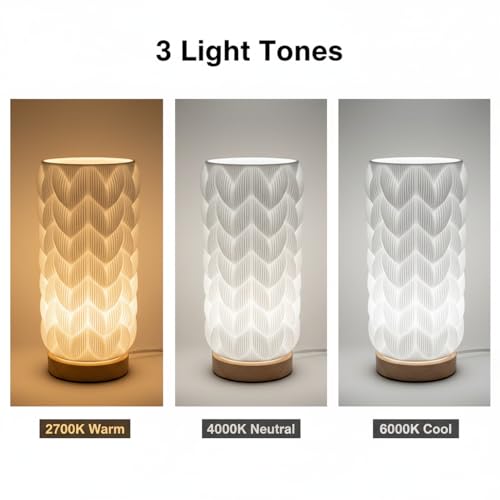 Image of Small Bedside Lamp for Nightstand, 3D Printed Mini Table Lamp, 3 Color Temperatures Warm to Cool White, Cozy Small Lamp for Bedroom Dorm Tight Spaces, Ash Wood Base, 8.8 Inch Tall - Honeycomb