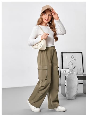 Image of SweatyRocks Girl's 2 Piece Outfits Ruched Long Sleeve T Shirt and Wide Leg Cargo Pants Set Green 10Y