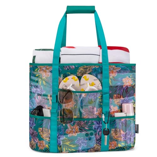 KABAQOO Mesh Beach Bag, Extra Large Beach Bags with 9 Pockets & Zipper Waterproof Lightweight Beach Tote for Beach/Pool Trip