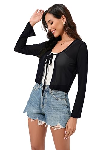 Women's Bolero Sheer Shrug Tie Front Crop Cardigan Lightweight Stretch Long Sleeve Summer Cover Up S-2XL3