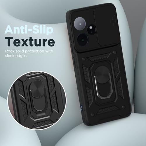 Image of Outlouders Back Cover for Realme GT 7 5G / GT 7T 5G | D10 Tough Armor 360 Protection Case with Sliding Camera Shield & Ring Holder Stand Bumper Case (Black)