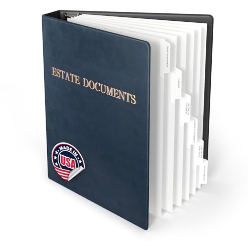 TRS Estate Planning Binder Kit Pre-Labeled Tabs Sheet Protectors | 1.5 D-Ring Faux Leather Organizer for Wills Trusts Power of Attorney & End-of-Life Planning | Navy with Bronze
