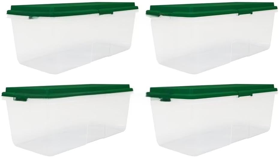 Christmas 113 Quart Storage Bins with Lids, Clear Plastic Latched Storage Container with Red Hi-Rise Lid (Set of 4) (Green)