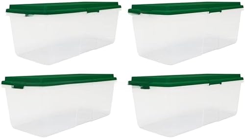 CNEIESD 113 Quart Christmas Storage Bins 4-Pack, Clear Stackable Bins with Red Hi-Rise Lids CNEIESD 113 Quart Christmas Storage Bins 4-Pack, Clear Stackable Bins with Red Hi-Rise Lids