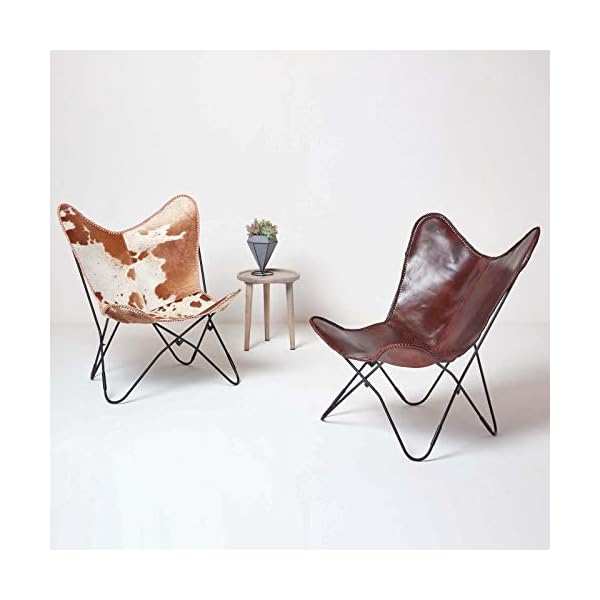 HOMESCAPES Leather Butterfly Chair Vintage Style Retro Armchair with Black Steel Hairpin Legs 100% Real Leather Cow Hide Modern BKF Sling Chair Accent Chair Seat - Image 10