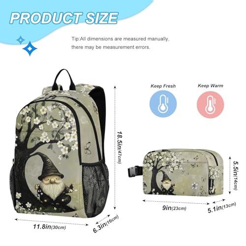 Travel Backpack Lunch Bag Set for Hiking Picnic, Backpacks with Insulated Lunch Box Fairy Gnome Print2