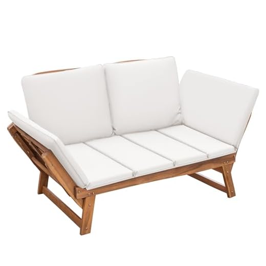 Devoko Outdoor Couch Acacia Wood Patio Couch with Adjustable Armrests, Outdoor Convertible Sofa with Removable Cushions & Pillows for Patio, Porch, Poolside(White)
