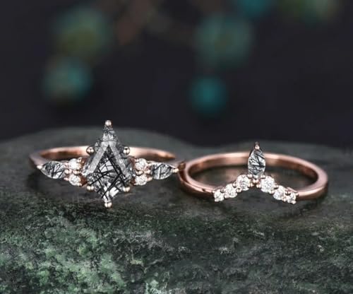 Vintage kite cut black rutilated quartz engagement ring set marquise cut ring 14k rose gold unique diamond promise anniversary ring set womens ring3