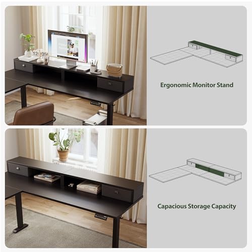 Image of Agilestic L Shaped Electric Standing Desk with 2 Drawers, 63 Inch Ergonomic Adjustable Height Desk with Storage, Corner Desk Sit Stand up Computer Table for Work Office Home, Black