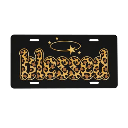 RISOIU Blessed Leopard Print Gold Stars Front License Plate Aluminum Decorative License Plates Funny Metal Car Plate Novelty Vanity Tag Cover 6"X12" Car Decor Accessory with 4 Holes for Men Women