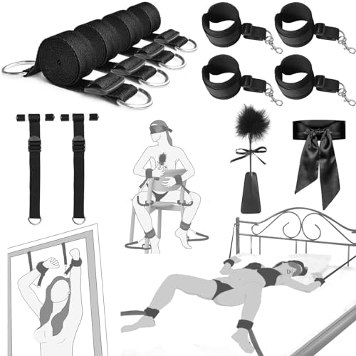 BDSM Bondage Set Bettfesseln Sexspielzeug für Paare Erotik Sex Toys mit Handschellen Augenbinde Türfesseln Federpeitsche Fesselset für SM Fetisch Sex Spiele für Erwachsene (Schwarz)