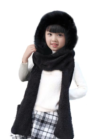 Kids Warm Hoodie Hat/Scarf/Gloves Set Soft Plush Thick Shu Velveteen Winter Hat for Girls Boys 4-10 Years Old