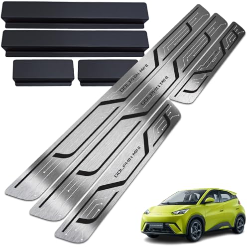 Soleiras em aço Inox BYD Dolphin Mini com Vinil Adesivo Protetor (Preto Inox Escovado)