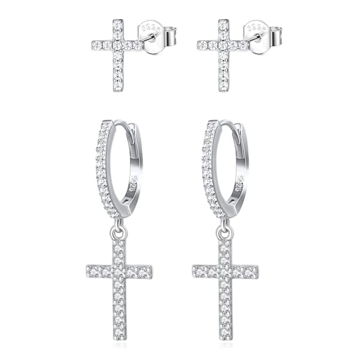 Hinvan 2 Paires Boucles d'oreilles Croix pour Femme Homme Clous d'oreilles, Boucles d'oreilles Homme Croix, Boucles d oreilles Pendantes Femme, Boucles d oreilles...