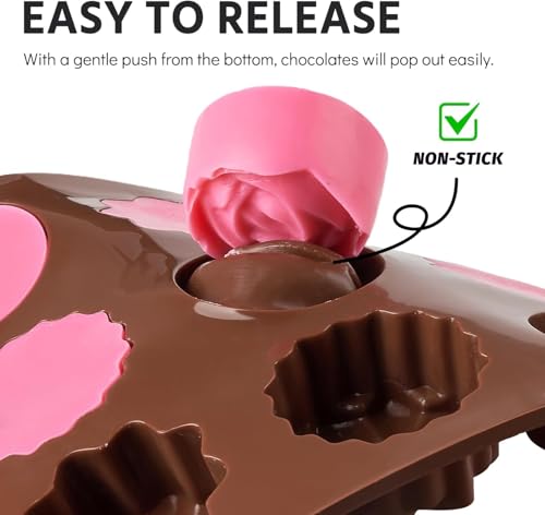Image of 4 Pcs Silicone Chocolate Molds, Non-Stick Candy Molds for Making Bite Size Chocolates, Candies, Truffles, Gummies, Jelly (Heart, Sunflower, Rose, Square, Swirl Shaped)