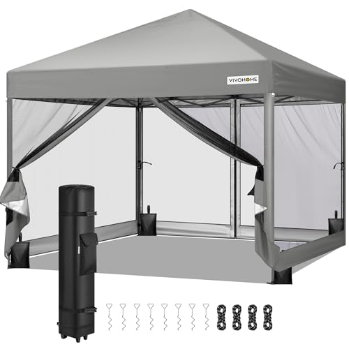VIVOHOME 10x10ft Easy Pop-Up Canopy, Outdoor Screen Tent with Mosquito Netting, 2 Zipper Doors, and Roller Bag for Yard Camping Picnic Party Events, Grey image 4