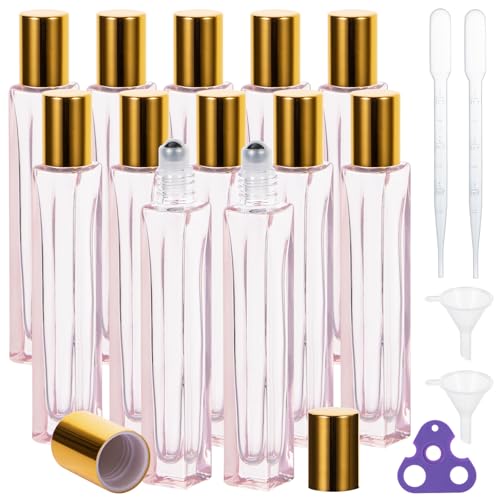 Yebeauty Glass Roller Bottles for Essential Oils 10ml Compact Travel Roll on Bottles for Oil Massage with Golden Aluminum Cover, 4 Pack Perfume Rollerball Empty with Opener, Funnel, Dropper, Pink