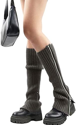 FULA-bao Women Girls Japanese Style Leg Warmer Ribbed Knit Kawaii Boot Socks 90s Solid Striped Punk Gothic Crochet Leg Warmers (Zipper Grey, One Size)