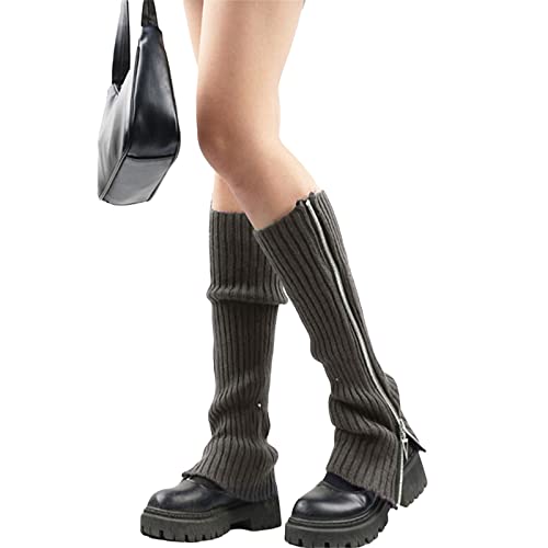 Fula-Bao Women Girls Japanese Style Leg Warmer Ribbed Knit Kawaii Boot Socks 90S Solid Striped Punk Gothic Crochet Leg Warmers (Zipper Grey, One Size) #TOP1