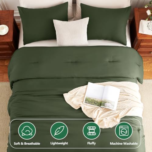 Image of HIMEET Full Size Comforter Sets, 3 Pieces with 2 Pillowcases, Olive Green | 270GSM Down Alternative Fill, Oeko-TEX Certified, 8 Corner Ties Quilted, All Season, Fluffy Bed Set, Bedroom Decor Bedding