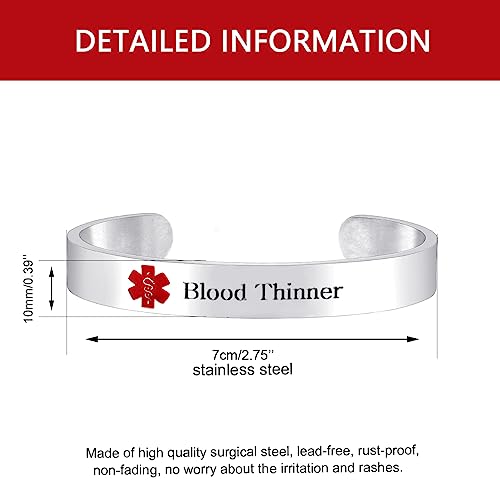 Image of Uloveido Custom Engraving Medical Alert Bracelets for Women, Stainless Steel Open Cuff Bangle Medical Bracelet Personalized Medical ID Bracelet