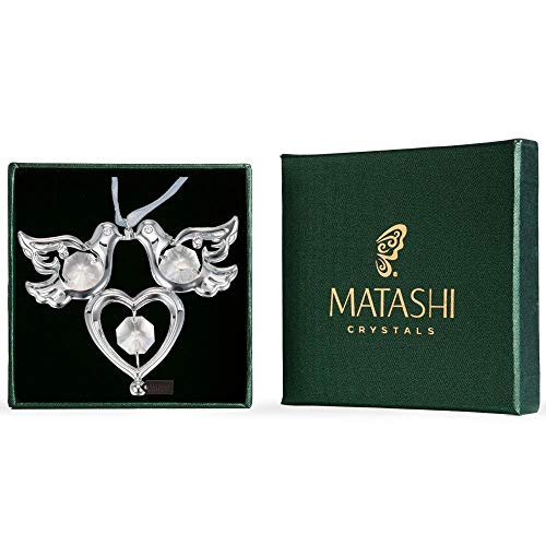 Matashi Chrome Plated Crystal Studded Silver Love Doves Birds Hanging Ornament with Heart