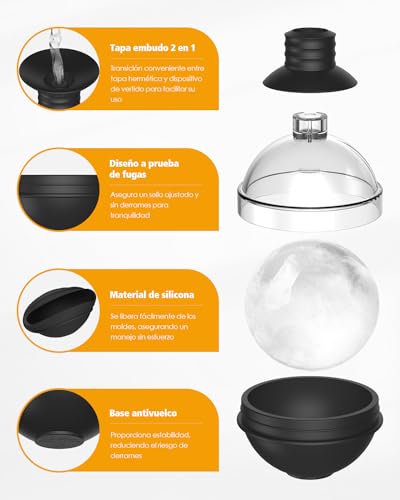 Miniatura 3 de Cubiteras Para Hielo Grande De Silicona Para Whisky - Set De 4 Con Tapa De Embudo 2 En 1 - Moldes De Cubitos De Hielo Redondos De 6cm Para Cócteles De Bourbon - Liberación Fácil - Large Ice Cube Tray