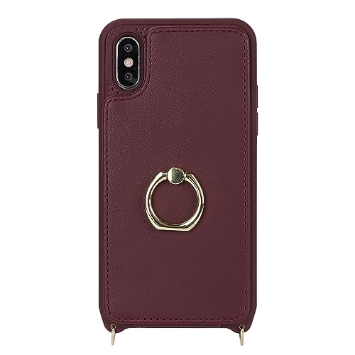Image of for iPhone X /XS Case with Card Holder and Strap for Women,Crossbody Lanyard,Kickstand Ring Stand,Snap Clasp,Phone Wallet Cases 5.8 inch(Wine Red)