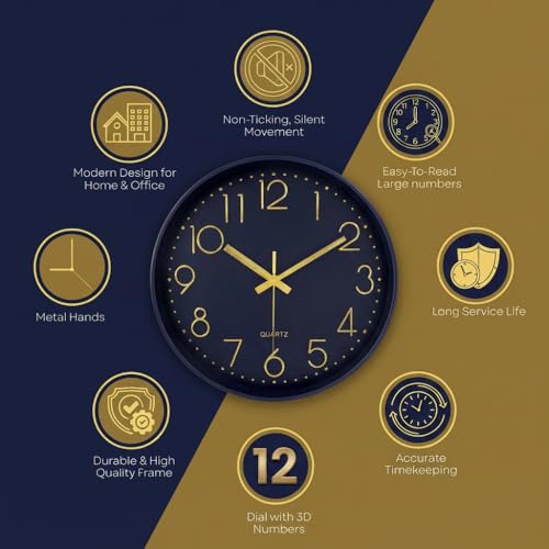 Image of STAR WORK Premium Wall Clock 12 inch Inch Silent Non-Ticking Quartz Movement | Easy to Read 3D Numbers | Modern Analog Clock for Home Decor, Living Room, Bedroom, Office (Night Blue, 12-Inch (30Cm))