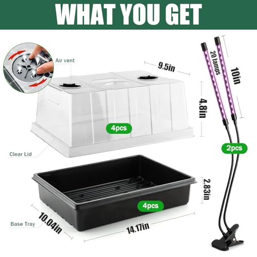 8p Seed Starter Trays with 8p Full Spectrum Grow Lights – Seed Tray with 5" Humidity Dome, Adjustable 20W, 4000K LED Plant Lights(8 Light Heads Total), 20 Beads/Bar, Flexible Light Positioning - Image 2