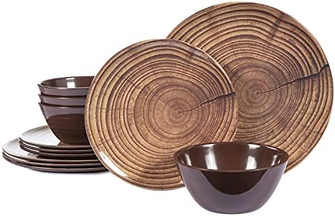 ZLruyao Melamine Dinnerware Set -12 Pcs Unbreakable Wood Dishes Set for 4, Indoor Outdoor Use, Lightweight, Dishwasher Safe, Brown (wood grain)