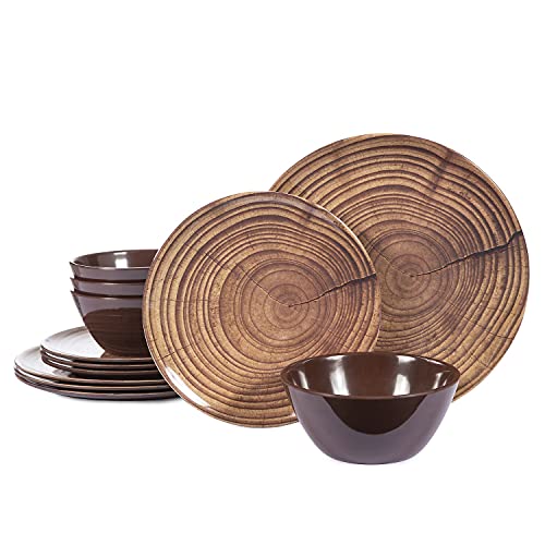 Zlruyao Melamine Dinnerware Set -12 Pcs Unbreakable Wood Dishes Set For 4, Indoor Outdoor Use, Lightweight, Dishwasher Safe, Brown (Wood Grain) #TOP25