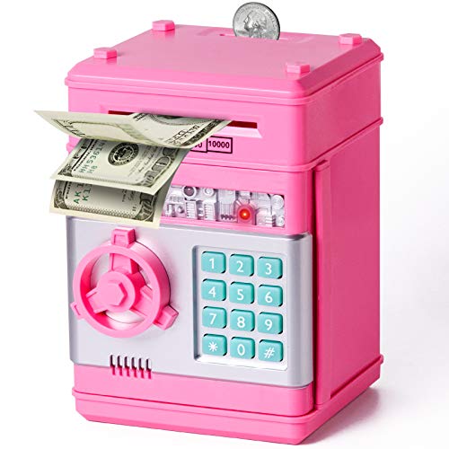 Piggy Bank for Grils Safe for Kids Money Bank for Cash and Coins Auto Scroll Paper Money Password Code Lock Toy ATM Machine Perfect Birthday Presents Pink