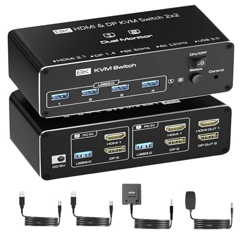KVMスイッチデュアルモニター2ポート8K Amazon | 8K HDMI DisplayPort デュアル モニター KVM 切替器 2PC 切替